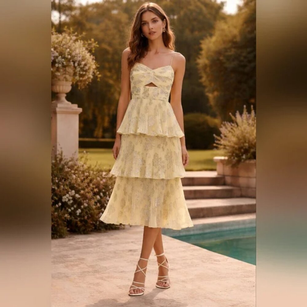 SELF PORTRAIT Metallic Jacquard Tiered Midi‎ Dress Ruffle Yellow Stunning Gown 8